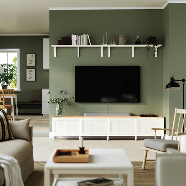 BESTÅ Tv-bänk med dörrar, vit/Pipmakare vit, 240x42x50 cm