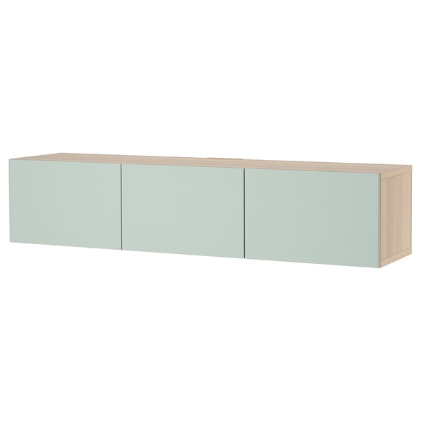 BESTÅ Tv-bänk med dörrar - vitlaserad ekeffekt/Hjortviken/Stubbarp blek grågrön 180x42x38 cm