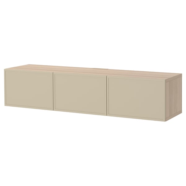 BESTÅ Tv-bänk med dörrar, vitlaserad ekeffekt/Krukmakare beige, 180x42x38 cm