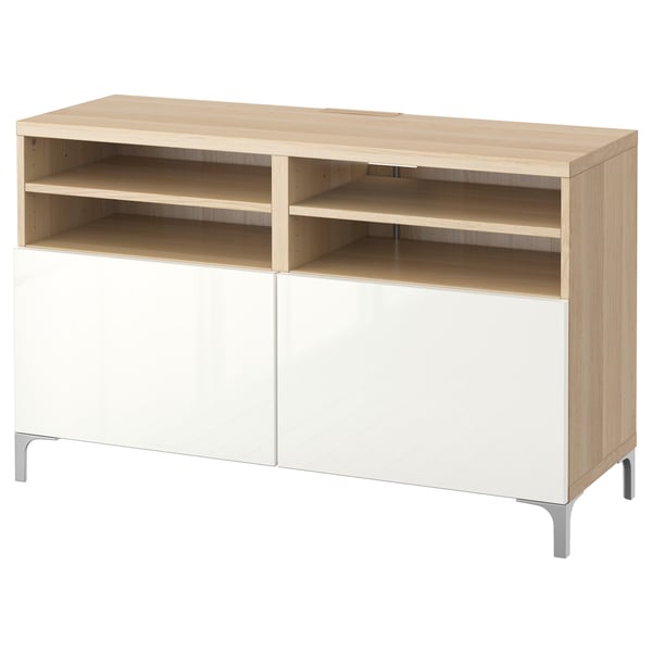 BESTÅ Tv-bänk med dörrar - vitlaserad ekmönstrad/Selsviken/Nannarp högglans/vit 120x42x74 cm
