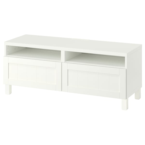 BESTÅ Tv-bänk med lådor, vit/Pipmakare vit, 120x42x48 cm