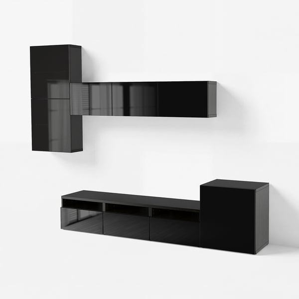 BESTÅ Tv-förvaring kombination/glasdörrar, svartbrun/Selsviken högglans/svart rökfärgat glas, 300x42x211 cm