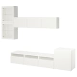 Modernt vitt förvaringsset BESTÅ. Tv-bänk, väggskåp och hurts. Snygg design, glasdörrar och justerbara hyllor.