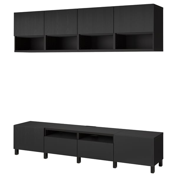 Svart BESTÅ tv-bänk och väggskåpsset. Modern mörk trädesign med justerbara hyllor och lådor.