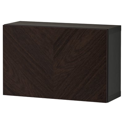 Mörkbrunt BESTÅ-skåp i trä, rektangulärt med chevronmönster, elegant modern design.