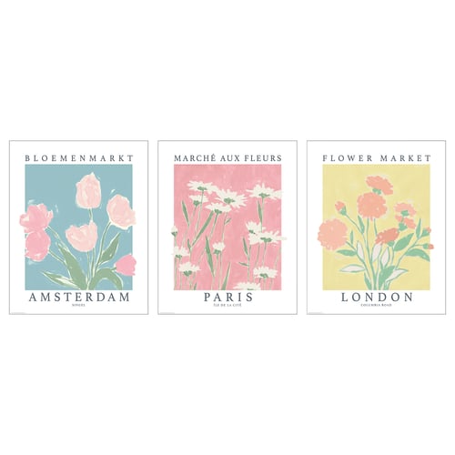 Tre affischer: Amsterdam, Paris, London med blommiga illustrationer.
