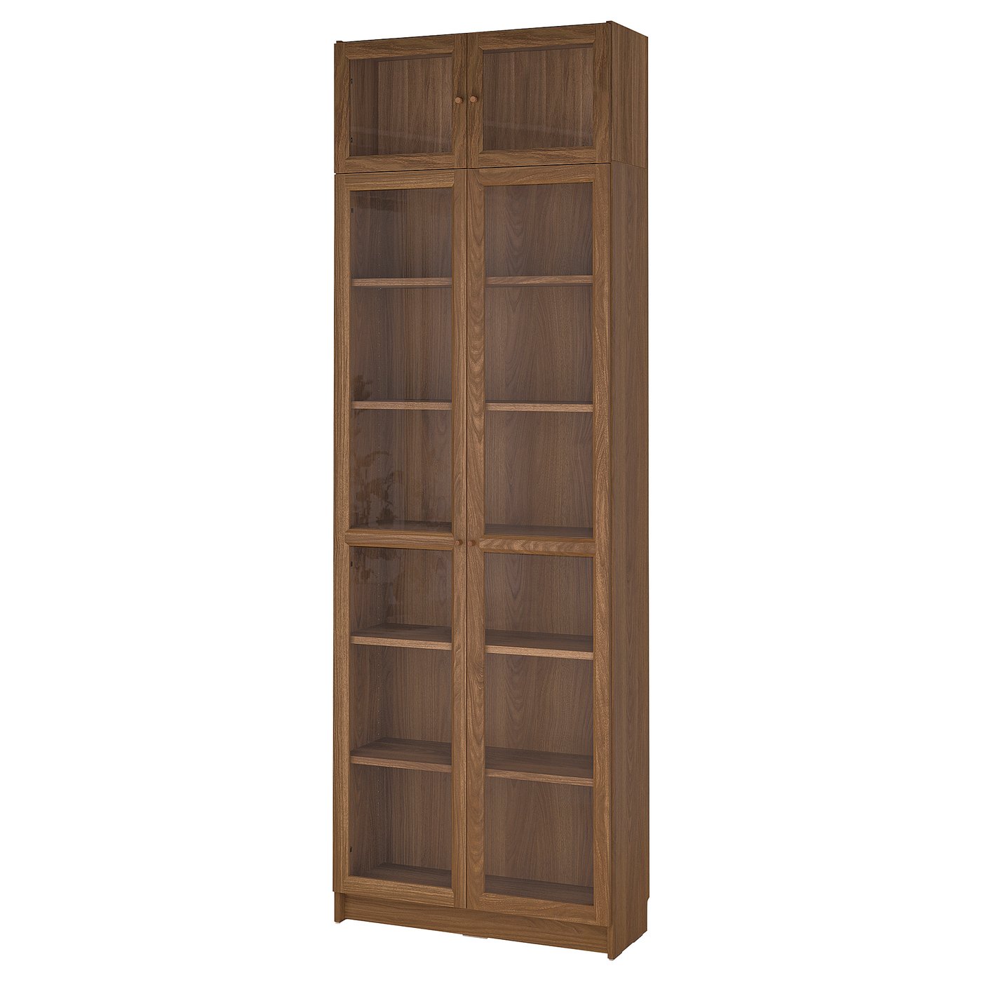 IKEA BILLY / OXBERG bokhylla m glasdörrar/påbyggn. del, brun valnötsmönstrad/klarglas, 80x30x237 cm