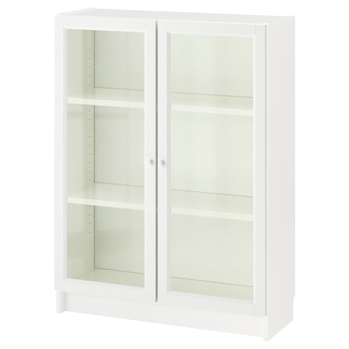 Vit BILLY bokhylla med glasdörrar; rektangulär, modern design.