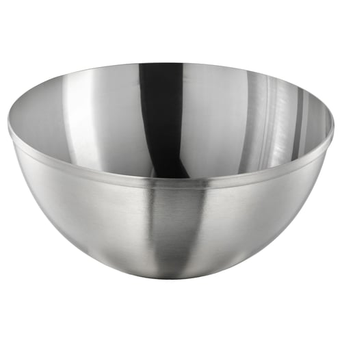 Skål i rostfritt stål, slät och glänsande, enkel design, rund form, ingen färg.