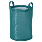 En blågrön förvaringspåse BLÅVINGAD tillverkad av återvunnen polyester. Den är cylindrisk med handtag, perfekt för att organisera föremål.