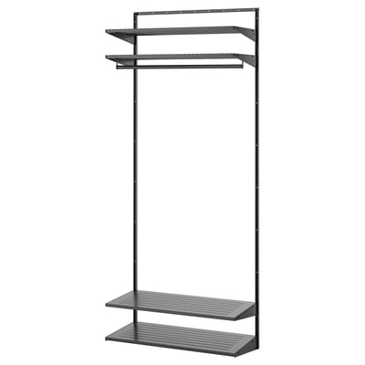 BOAXEL grå väggförvaring i metall: tre hyllor, hängstång, modern design.