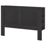 BRIMNES svart sänggavel med dold förvaring, minimalistisk design, trämaterial.