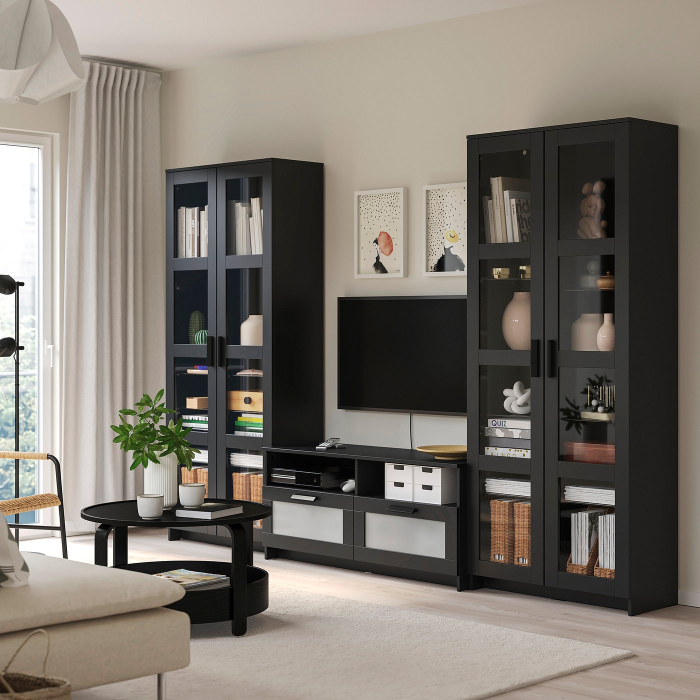IKEA BRIMNES tv-förvaring kombination/glasdörrar, svart, 280x41x190 cm
