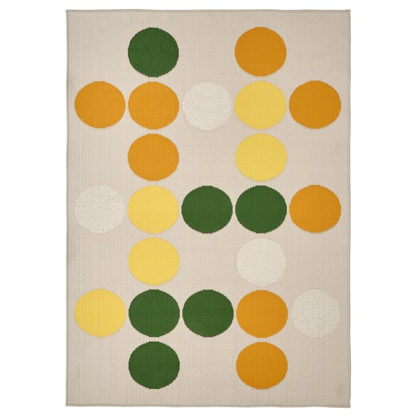 BRÖGGAN matta med färgglada cirklar, gula, gröna och orange prickar på neutral bakgrund, rektangulär, modern design.
