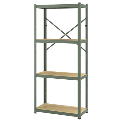 BROR grön metallhylla, 3 trähyllor, robust design, lämplig för tunga föremål.