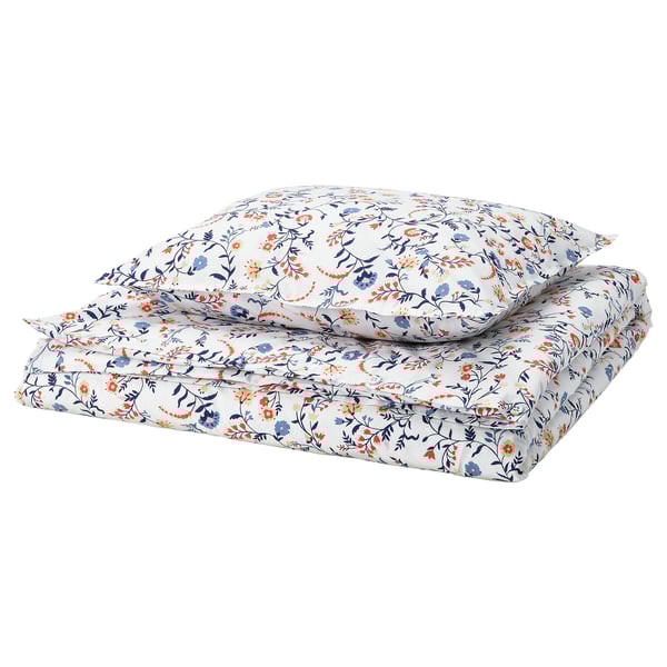 BRUDKRUSBÄR påslakanset, vitt med färgglad blommig design, mjuk ekologisk bomull.