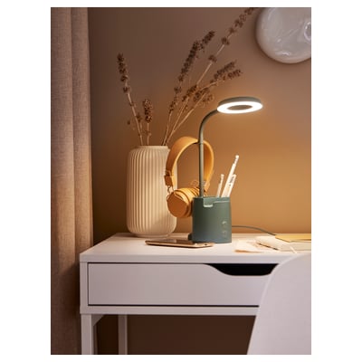 BRUNBÅGE lampa: modern, blågrön, skrivbordslampa med justerbar arm och telefonhållare, förvarar förnödenheter, touchdimmer, usb-c.