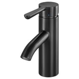 Svart modern kran med cylindriskt handtag och böjd pip, metallisk finish.