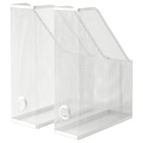 Tre vita nättidningshållare står upprätt, arrangerade i en triangulär formation. Var och en har ett handtag och en elegant, modern design.