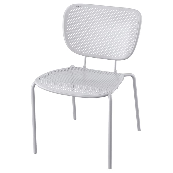 Modern DUVSKÄR stapelbar stol, ljusgrå, metall och plast, perforerad sits och rygg.