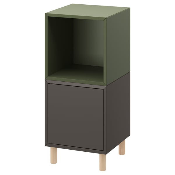 Förvaringsmöbeln EKET: grön och grå, öppna och stängda hyllor, ben i ljust trä, modern design.