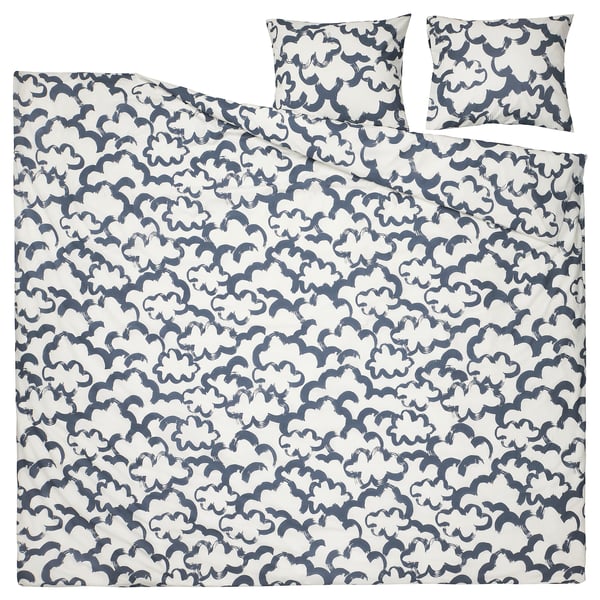 Bäddsetet EKPURPURMAL, vitgrått, molntryck, återvunnen bomull-polyester.