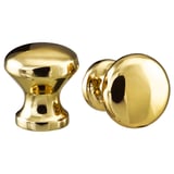 Två ENERYDA-knoppar i polerat guld; En rund, en långsträckt, klassisk design.
