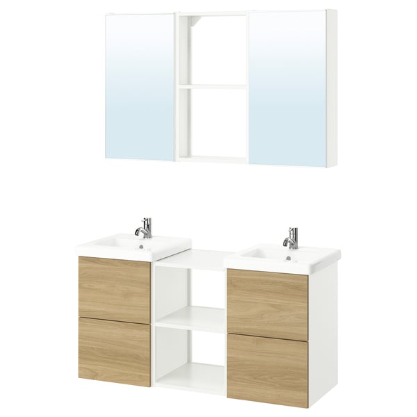Dubbel vit ek och vit kommod med spegelskåp. Modern, symmetrisk design för delad användning.