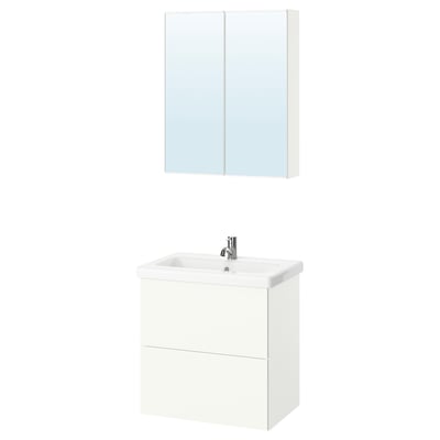 Ett elegant vitt badrumsskåp med ett skåp med två lådor, ett handfat och ett väggmonterat spegelskåp. Modern och funktionell design.