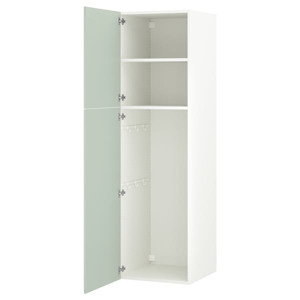 Ikea ENHET stort ljust grågrönt skåp, 2-sektions förvaring med hyllor och krokar, modernt och elegant.