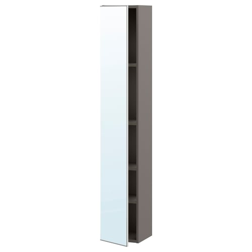 Ett högt, grått skåp ENHET med spegeldörr som står upprätt. Den har en elegant, modern design med fyra invändiga hyllor för förvaring.