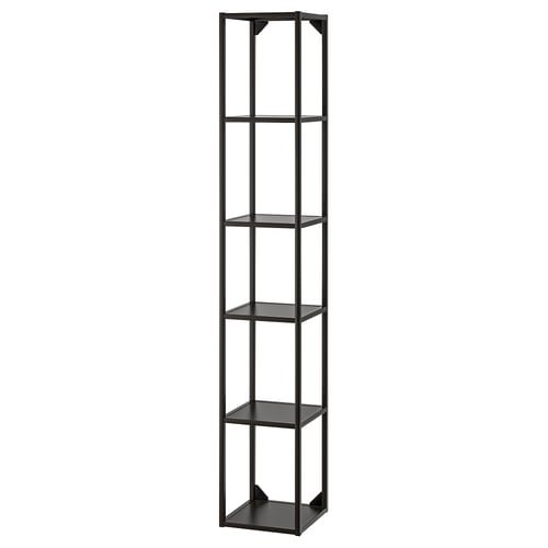 En svart bokhylla ENHET. Den har fem fyrkantiga hyllor inuti en svart metallram. Designen är modern och minimalistisk.