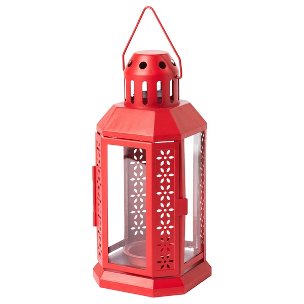 Röd ENRUM lykta, sexkantig form, metallic och glas, blommiga utskärningar, inomhus/utomhusbruk.