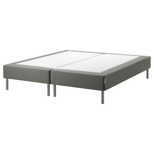 Espevar grå sängbotten, upphöjd med metallben, minimalistisk design.