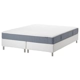 IKEA madrasset, vitt och blått, rektangulärt, stoppat med bomull och polyester, uppburet av metallben.