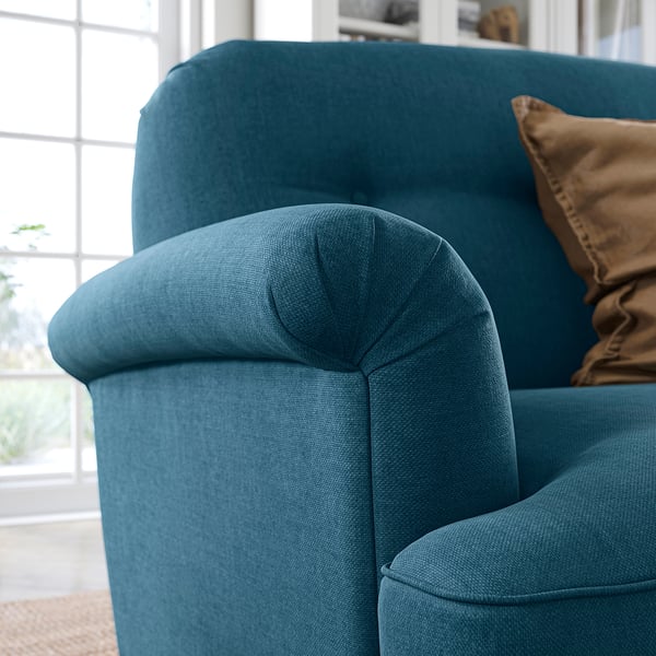 Teal ESSEBODA soffa, djup sits, rundade armstöd, hög rygg i chenilletyg.