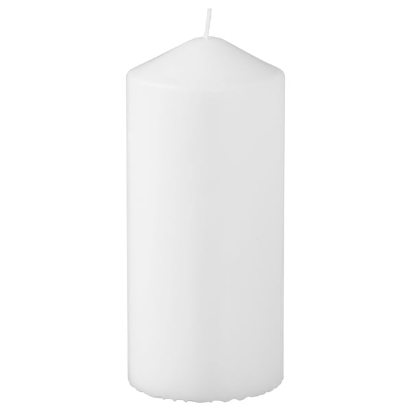 FENOMEN vitt blockljus. Tillverkad av växtbaserat vax och bomullsveke. Hög, cylindrisk form. Enkel, elegant design.