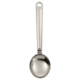 FINMAT-sked i rostfritt stål, rund skål, långt handtag med hål, elegant design.