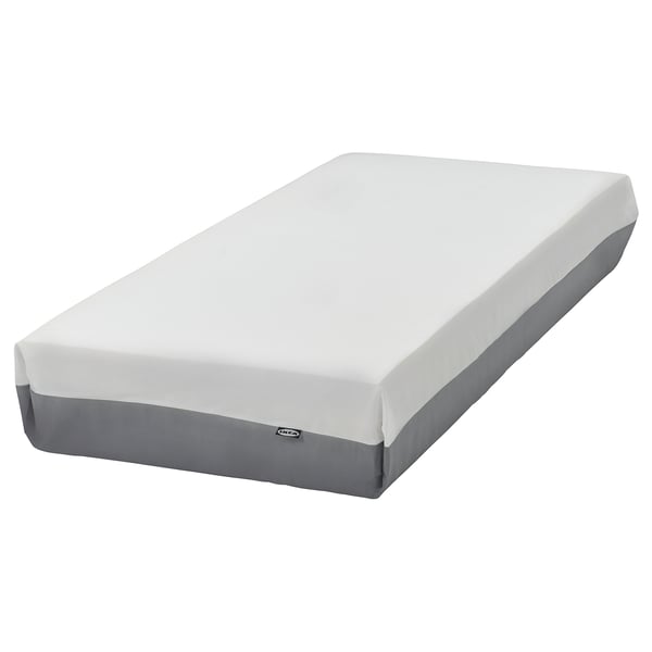 FJÄLLÅSEN madrass, vit och grå, rektangulär, pocketresårer i dubbla lager för medium stöd, skumtopp för komfort.