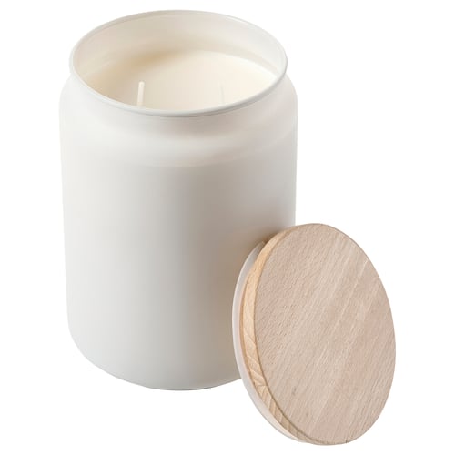 Framfård vitt ljus i glas, trälock, cylindrisk, fräsch linnedoft.