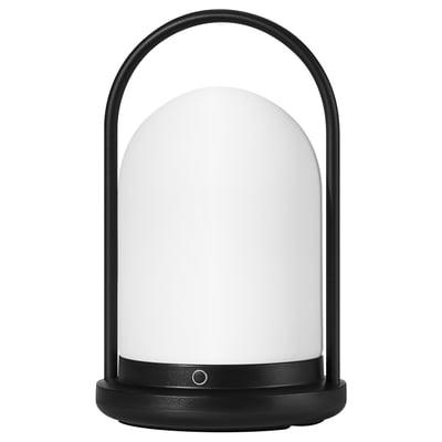 FRÖJDA lykta, svart, rund form, mjukt vitt ljus, elegant skandinavisk design, batteridriven, dimbar, utomhusgodkänd.