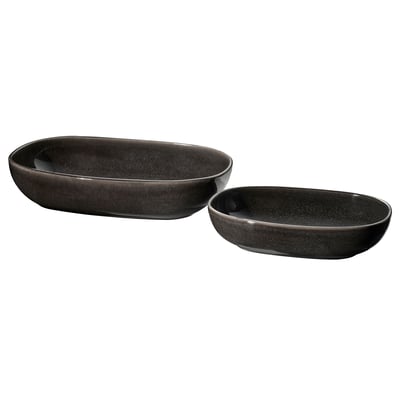 GLADELIG: 2 mörkgrå ugnsformar, stengods, oval form, elegant design.