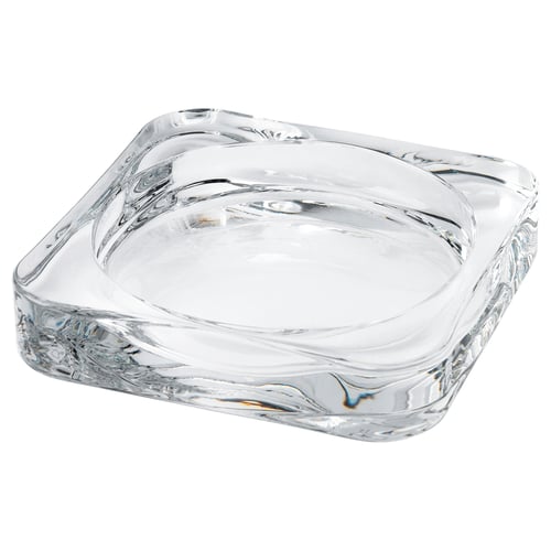 Liten, klar fyrkantig ljusskål i glas, vågiga kanter.