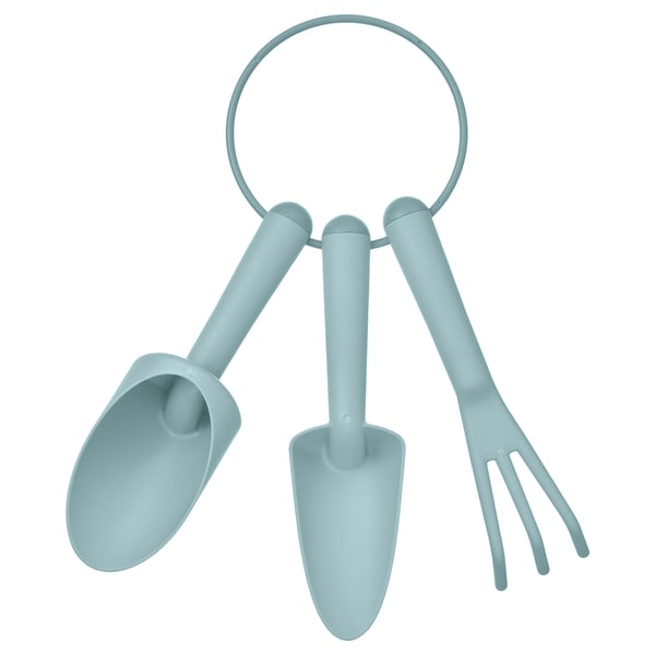 GRÄSMARÖ verktygssats, ljus blågrön, plast med glasfiber, cirkulärt ringhandtag, spade, murslev, kratta.
