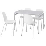 Vit matgrupp GRÅSALA med rektangulärt bord och fyra stolar. Modern, platsbesparande design med bordsram i metall och plaststolar.