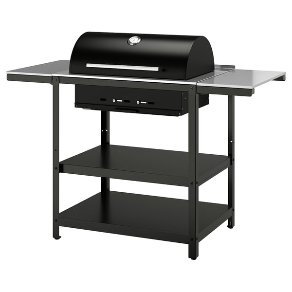 GRILLSKÄR Kolgrill med 2 sidobord - rostfritt stål/utomhus 99/123/147x61 cm