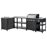 Modernt utekök i svart med accenter i rostfritt stål, inklusive diskbänk, gasolgrill och hyllor, perfekt för grillar.