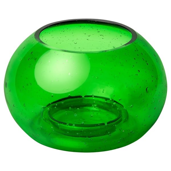 HÄNGBJÖRK grön värmeljushållare i återvunnet glas, rund, bubbig textur, munblåst.