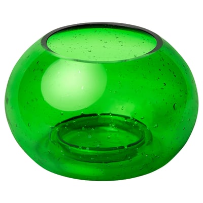HÄNGBJÖRK grön värmeljushållare i återvunnet glas, rund, bubbig textur, munblåst.