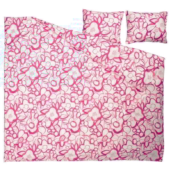 HÄRLIR Påslakan 2 örngott, vit klarrosa/blommönster, 240x220/50x60 cm